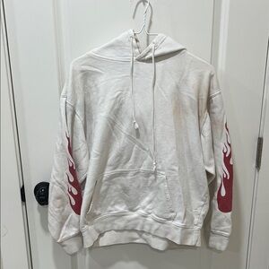 Brandy Melville White Hoodie with Red Flame Sleeves